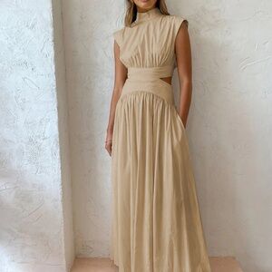 Commense Tan Pleated Maxi Gown with Mock Neck